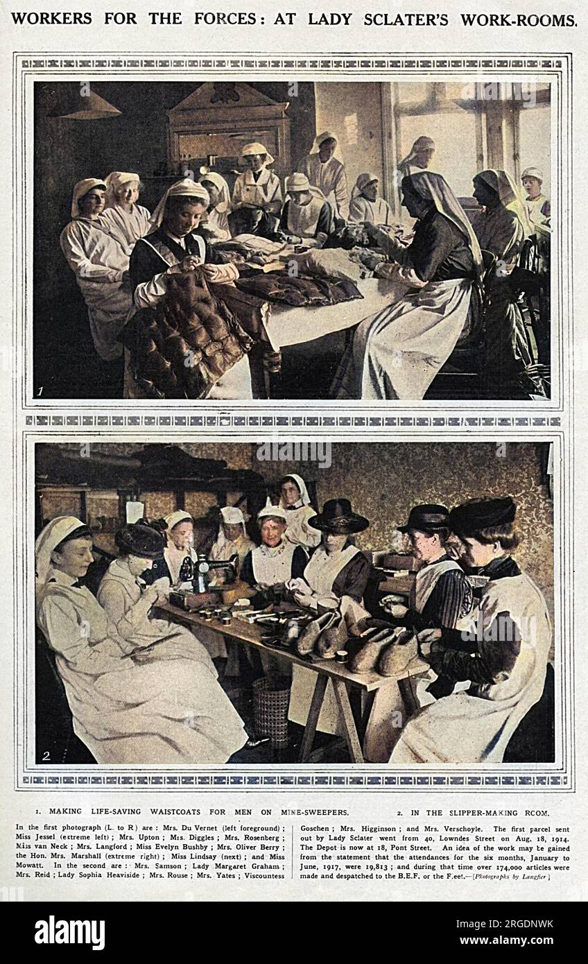 A page from The Sketch showing society ladies hard at work at the work rooms of Lady Sclater at 18 Pont Street, London.  In the top photograph, a group are making life-saving waistcoats for men on mine-sweepers and the second photograph shows the slipper making room.  The first parcel was sent out by Lady Sclater from 40 Lowndes Street on 18 August 1914.   To give some idea of the output, 19,813 ladies attended the work rooms between January and June 1917 and during that six month period, 174,000 articles were made and despatched. Stock Photo