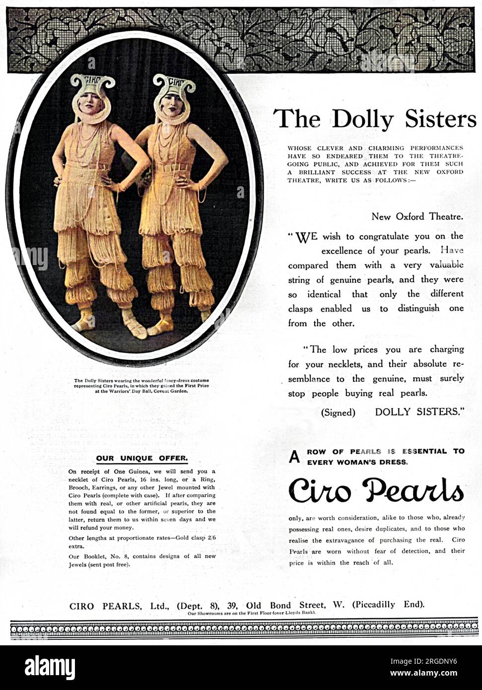 Advertisement for Ciro Pearls featuring the Dolly sisters wearing the fancy-dress costume representing Ciro Pearls in which they gained First Prize at the Warriors' Day Ball, Covent Garden. Stock Photo