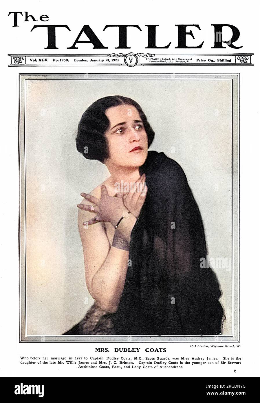 Mrs Dudley Coats, formerly Miss Audrey Evelyn James (1902-1968), society beauty and friend of the Prince of Wales.  Married Captain Muir Coats of the Scots Guards in 1922 and divorced him in 1927, later marrying Marshall Field III, grandson of the Chicago retail magnate.  Pictured here in 1925 striking a dramatic pose. Stock Photo