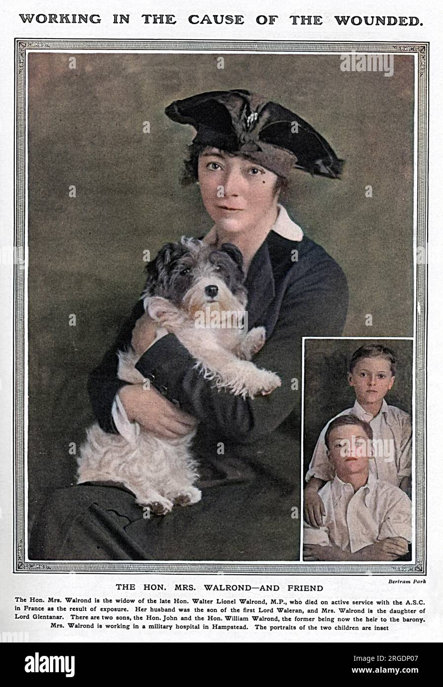 Portrait of the Hon. Mrs Walrond, daughter of Lord Glentanar and widow of the late Hon. Walter Lionel Walrond, M.P. who died on active service with the Army Service Corps in France as a result of exposure. She was working at a military hospital in Hampstead during the war.  Inset photograph shows her two sons, John and William Walrond. Stock Photo