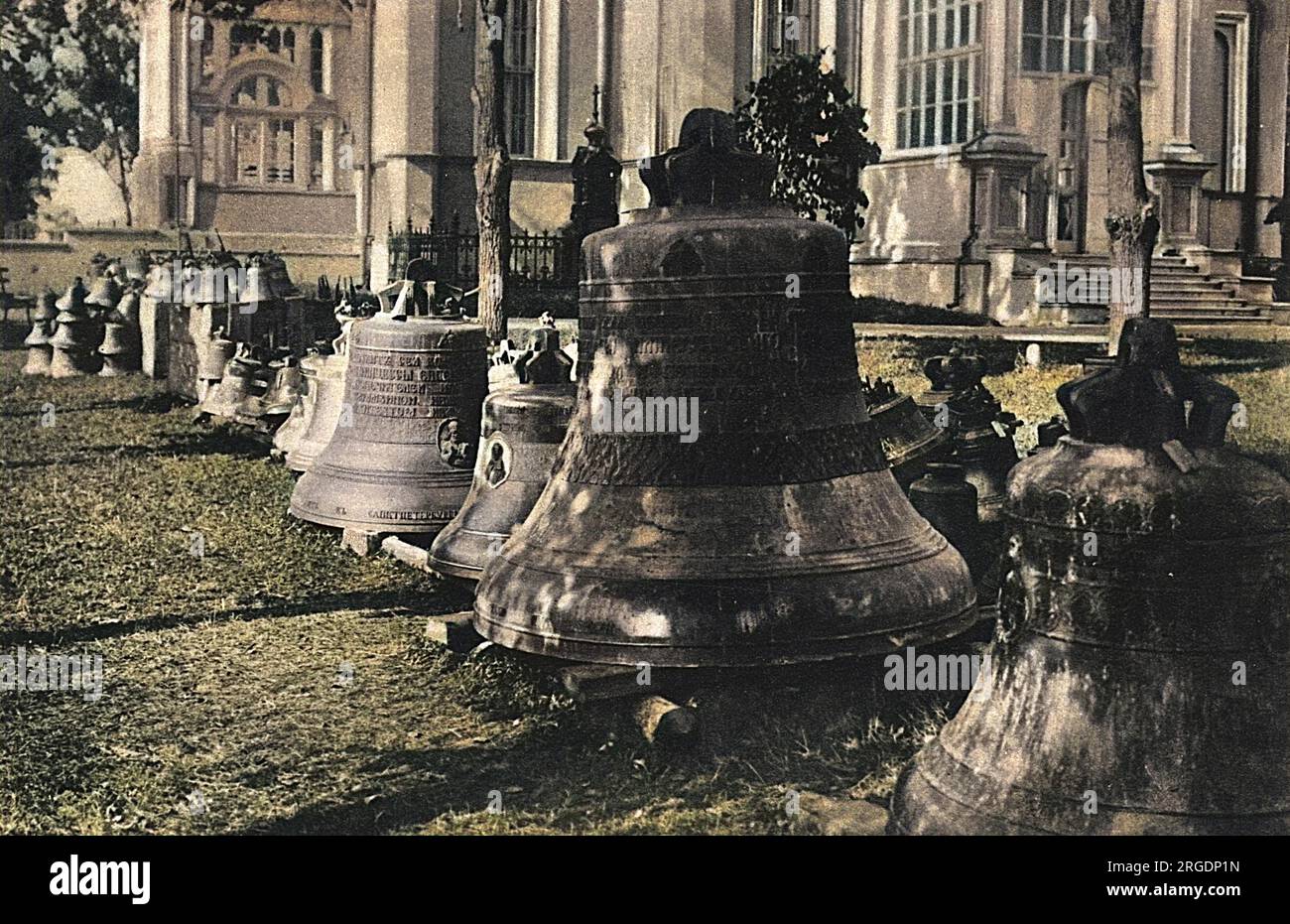 Placed together for safety in the Nikolsky Monastery near Moscow, some of the 300 Russian church bells removed to prevent invading Germans re-using them as metal for shells. Some of the bells are ornamental in design and decoration, showing medallions of priests and bishops in bas relief. Stock Photo