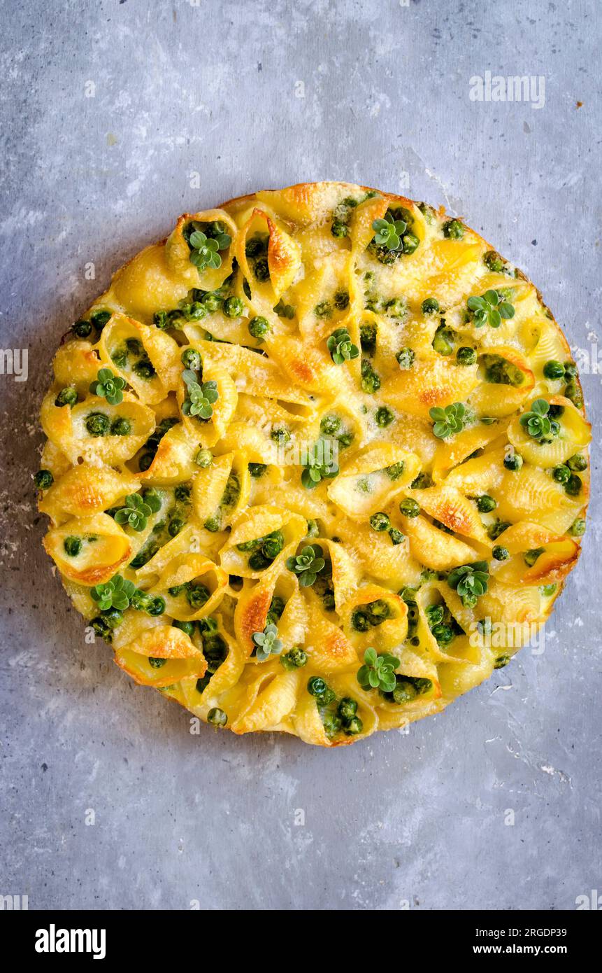Pasta  Frittata on a marble background Stock Photo