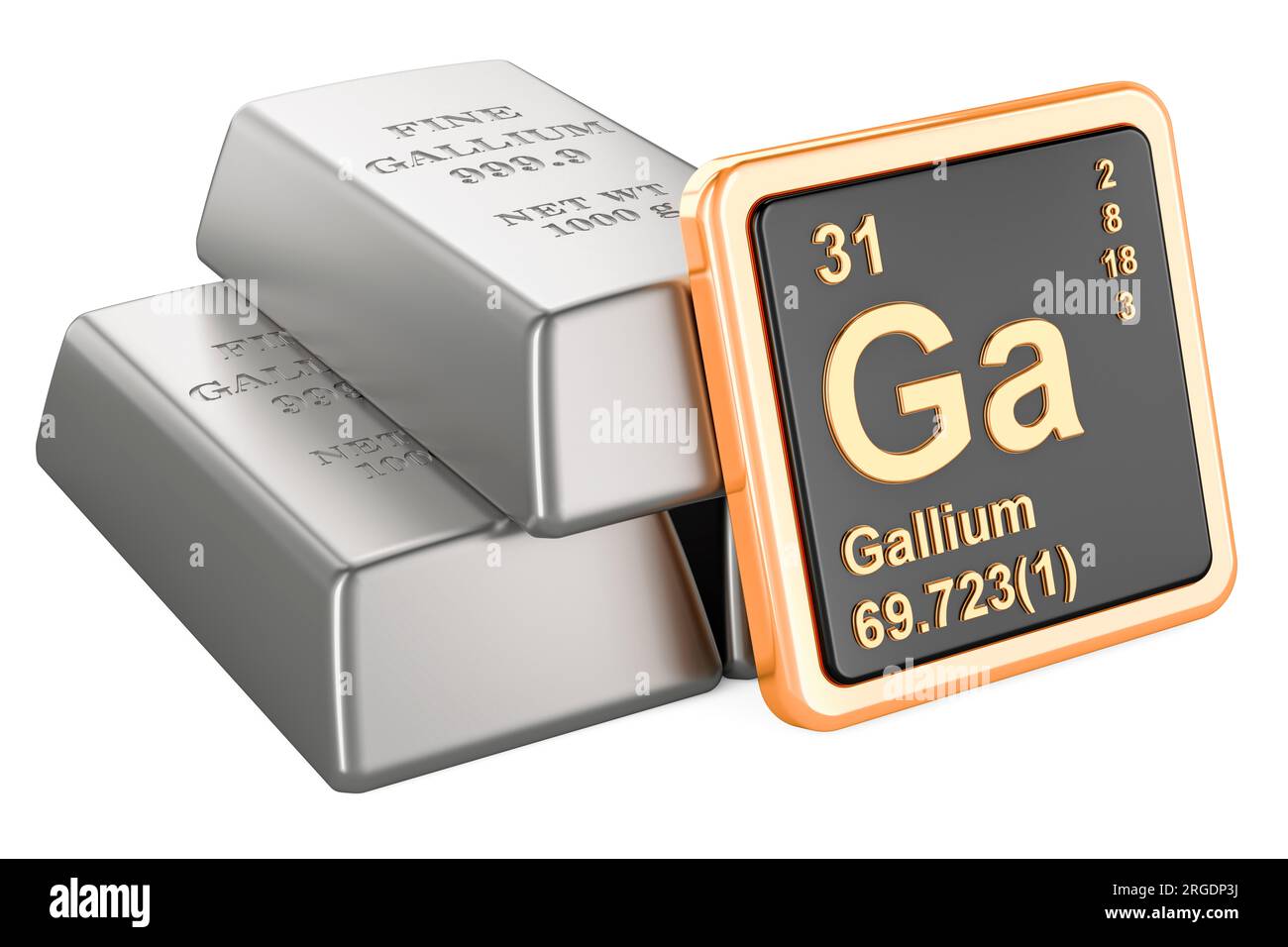 Gallium ingots with chemical element icon Gallium Ga, 3D rendering