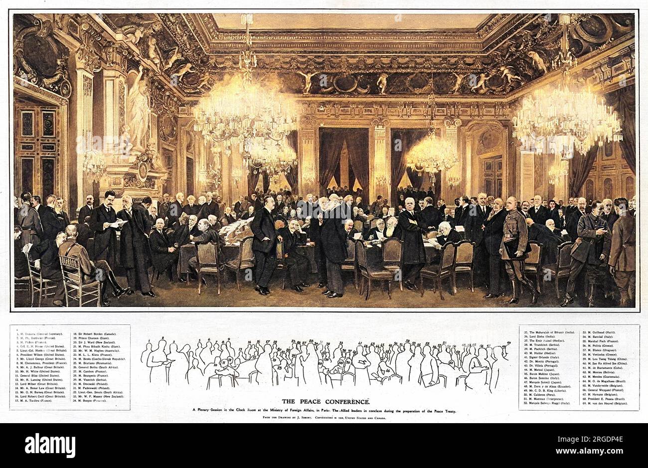 A pleniary session in the Clock Room at the Ministry of Foreign Affairs, in Paris: The Allied leaders in conclave during the preparation of the Peace Treaty, 1919. Stock Photo