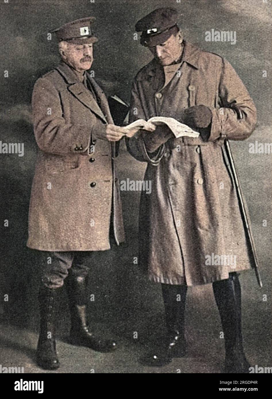 Algernon Henry Blackwood (1869 - 1951), English author and playwright, particularly known for his supernatural fiction and ghost stories, pictured here on the right with the Punch artist and comic illustrator, Alfred Taylor.  The Tatler reports that Blackwood was working with the Red Cross at Rouen as a searcher for missing men.  The Oxford Dictionary of National Biography does not mention this episode in Blackwood's life, but does note that he worked for British intelligence as an undercover agent in Switzerland during some of the war. Stock Photo
