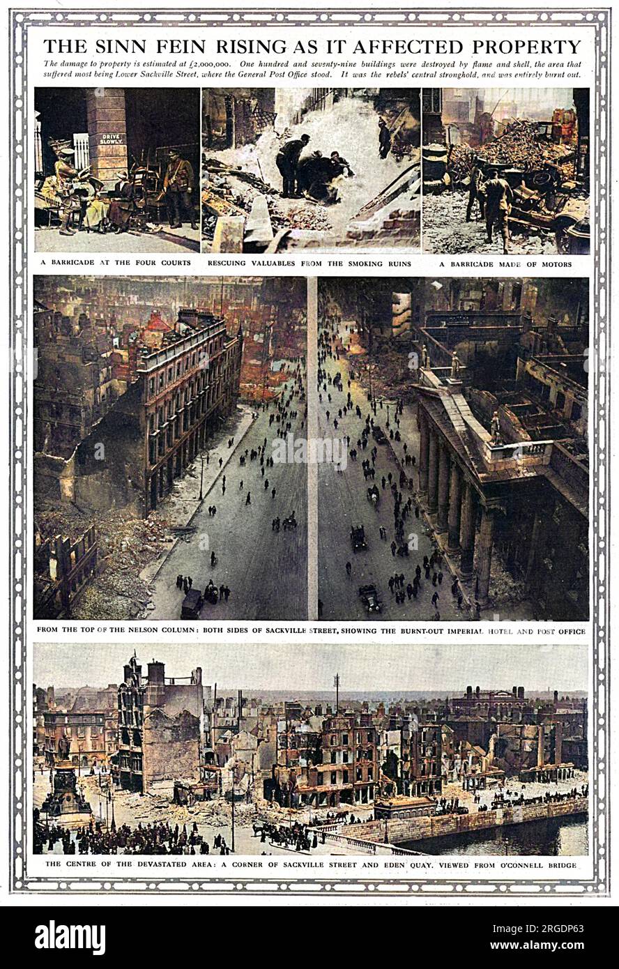 The devastating affects of the Easter Rebellion in Ireland in 1916. The main picture shows the burnt-out imperial hotel and post-office on Sackville Street in Dublin. According to The Graphic, the damage to property was estimated at £2,000,000 and 179 building were destroyed by flame and shell. The area that suffered the most was Lower Sackville Street which was the rebels' central stronghold and was entirely burnt out. Stock Photo