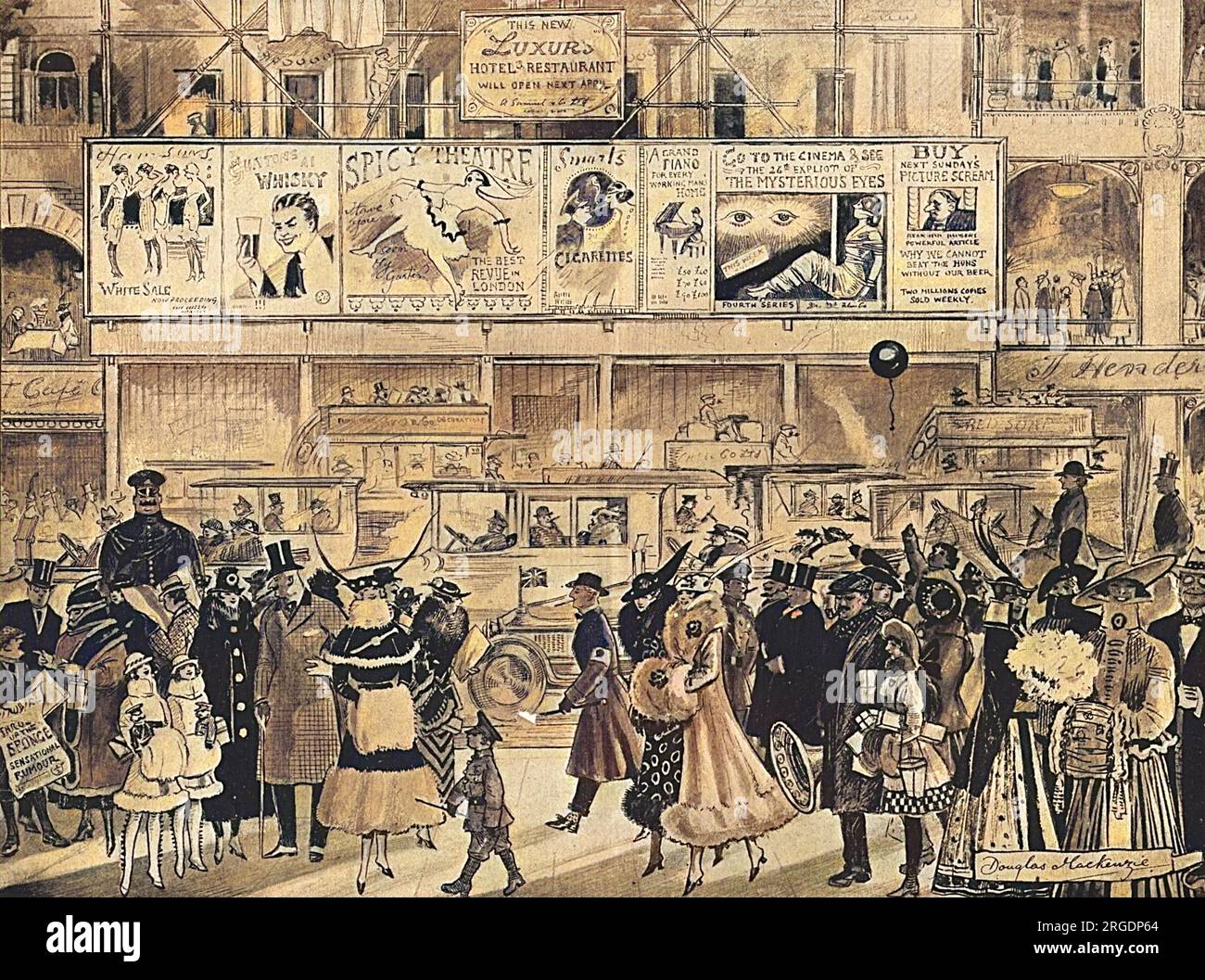 Illustration showing the mass of entertainment and amusements on offer to the London population during the First World War, despite the fact the country was supposed to be practising war economy.  Cars and taxis fill the streets, people are well dressed and posters advertise clothing sales, drink, film and theatre shows. Stock Photo