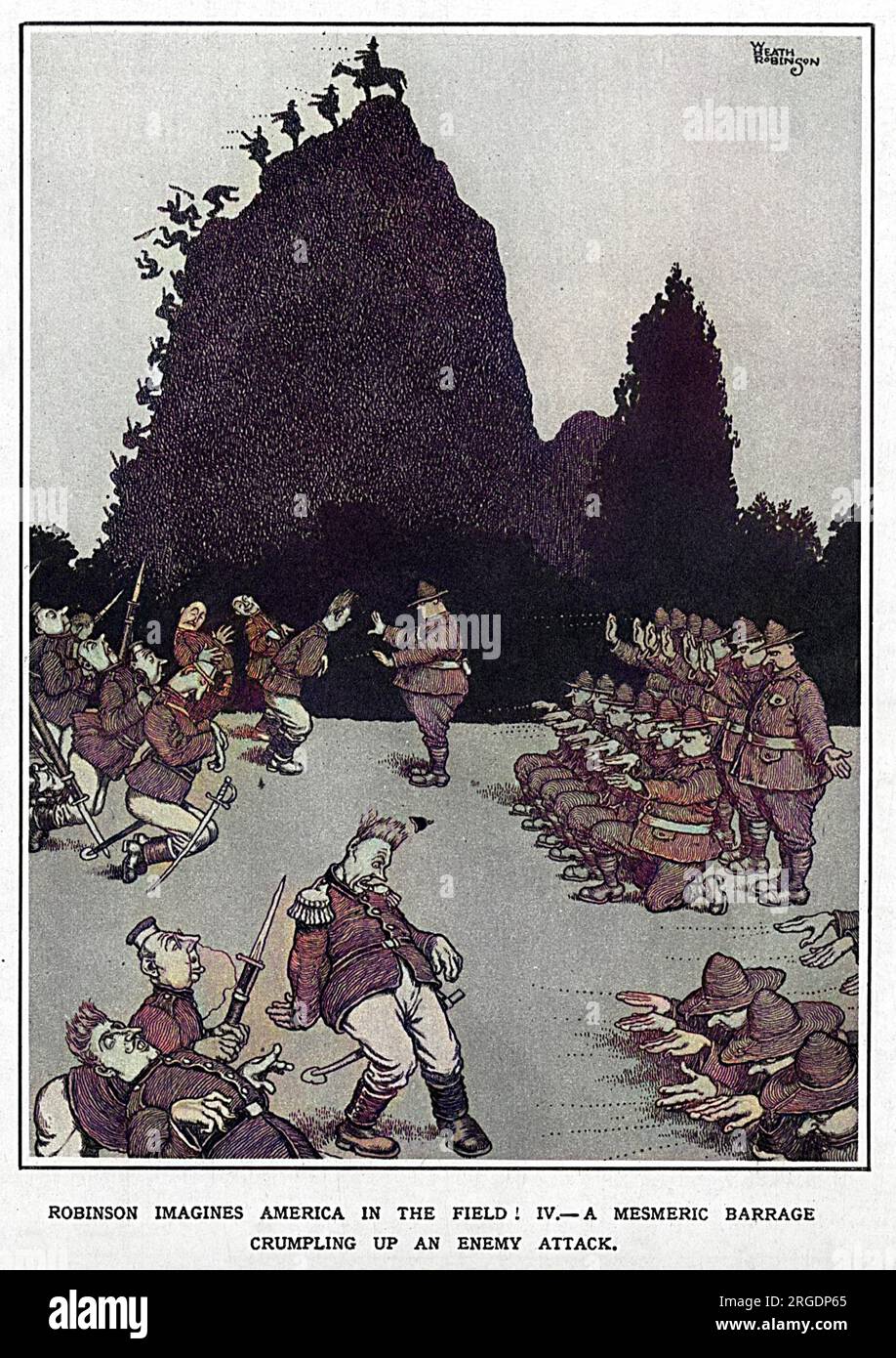 War Inventions Not Needed Now!  William Heath Robinson imagines America in the field!  4. A mesmeric barrage crumpling up an enemy attack. Stock Photo