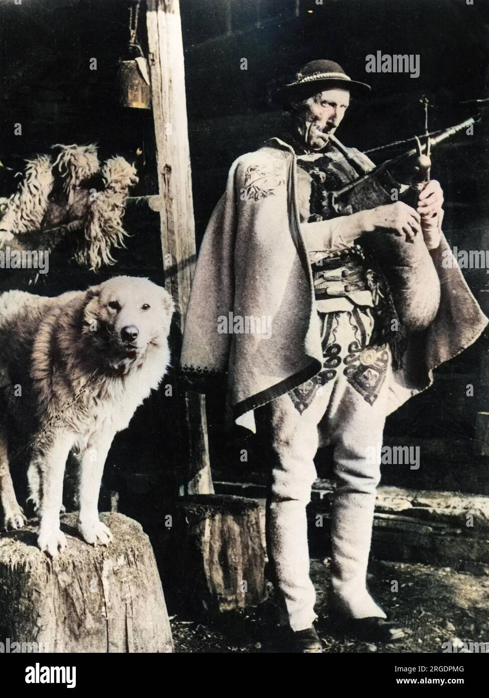 An old man playing the bagpipes in the Tatra mountains of Poland. His costume is made of embroidered goatskin and his dog is a breed peculiar to the area. Stock Photo
