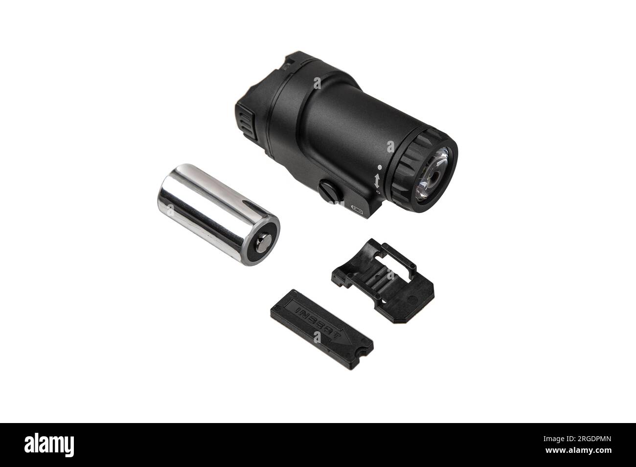 Modern LED flashlight with weapon mount. Underbarrel tactical