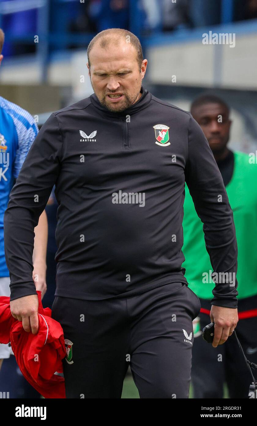 Mourneview Park, Lurgan, County Armagh, Northern Ireland, UK. 05 Aug 2023. Sports Direct Premiership – Glenavon 0 Glentoran 1, Premiership season opener.  Irish League football manager, Glentoran manager Warren Feeney. Stock Photo