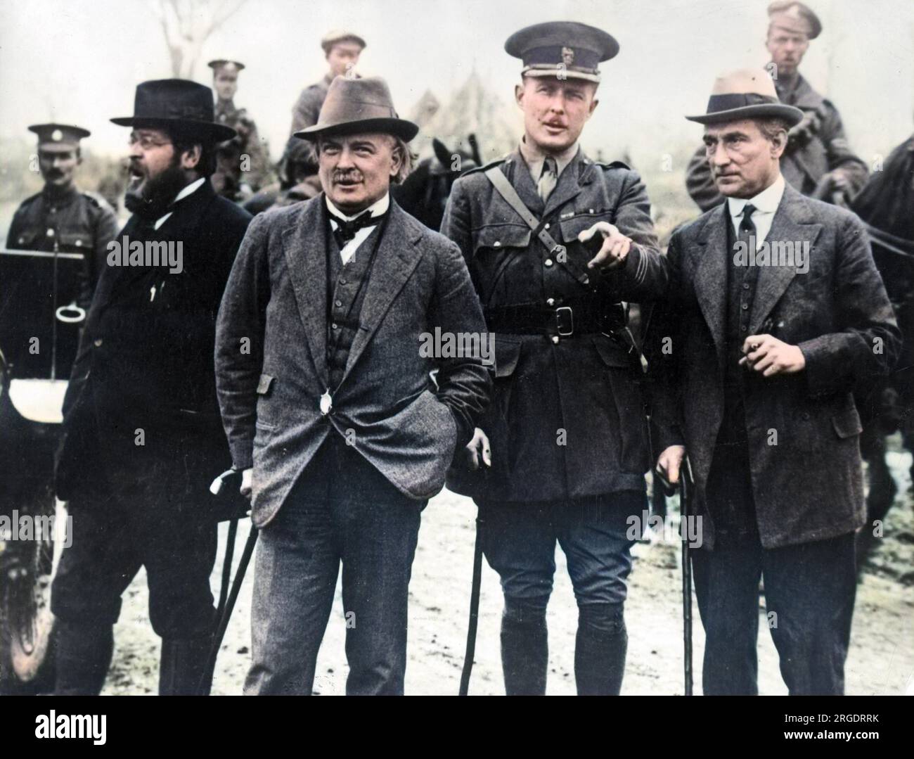 David Lloyd George (1863-1945), British Prime Minister, with others during the First World War.  The bearded man on the far left is Albert Thomas, French Minister for Munitions. Stock Photo
