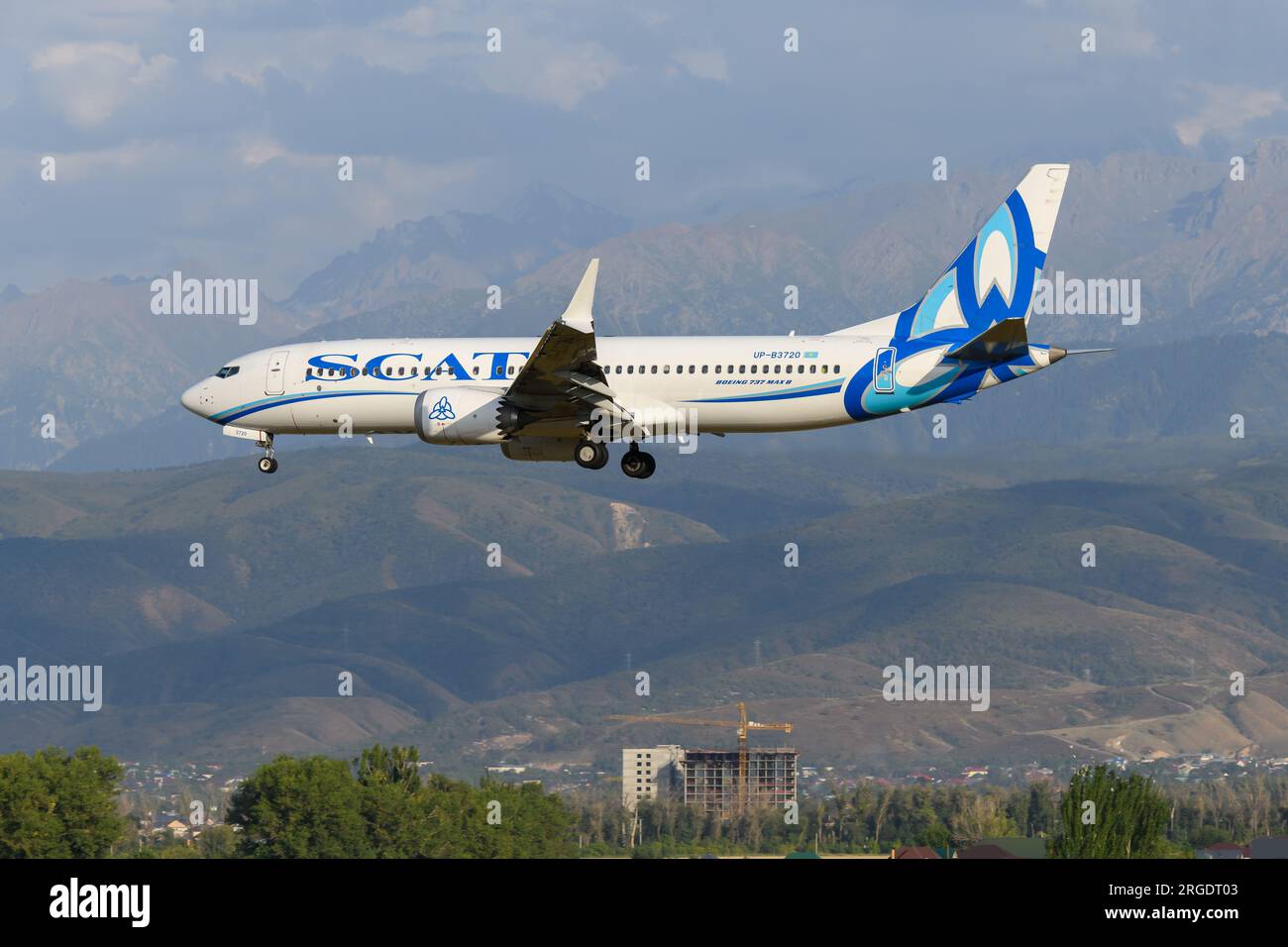 SCAT Airlines Boeing 737 aircraft landing in Almaty Airport in Kazakhstan. Airplane 737 MAX 8 of SCAT. Plane UP-B3720. Stock Photo