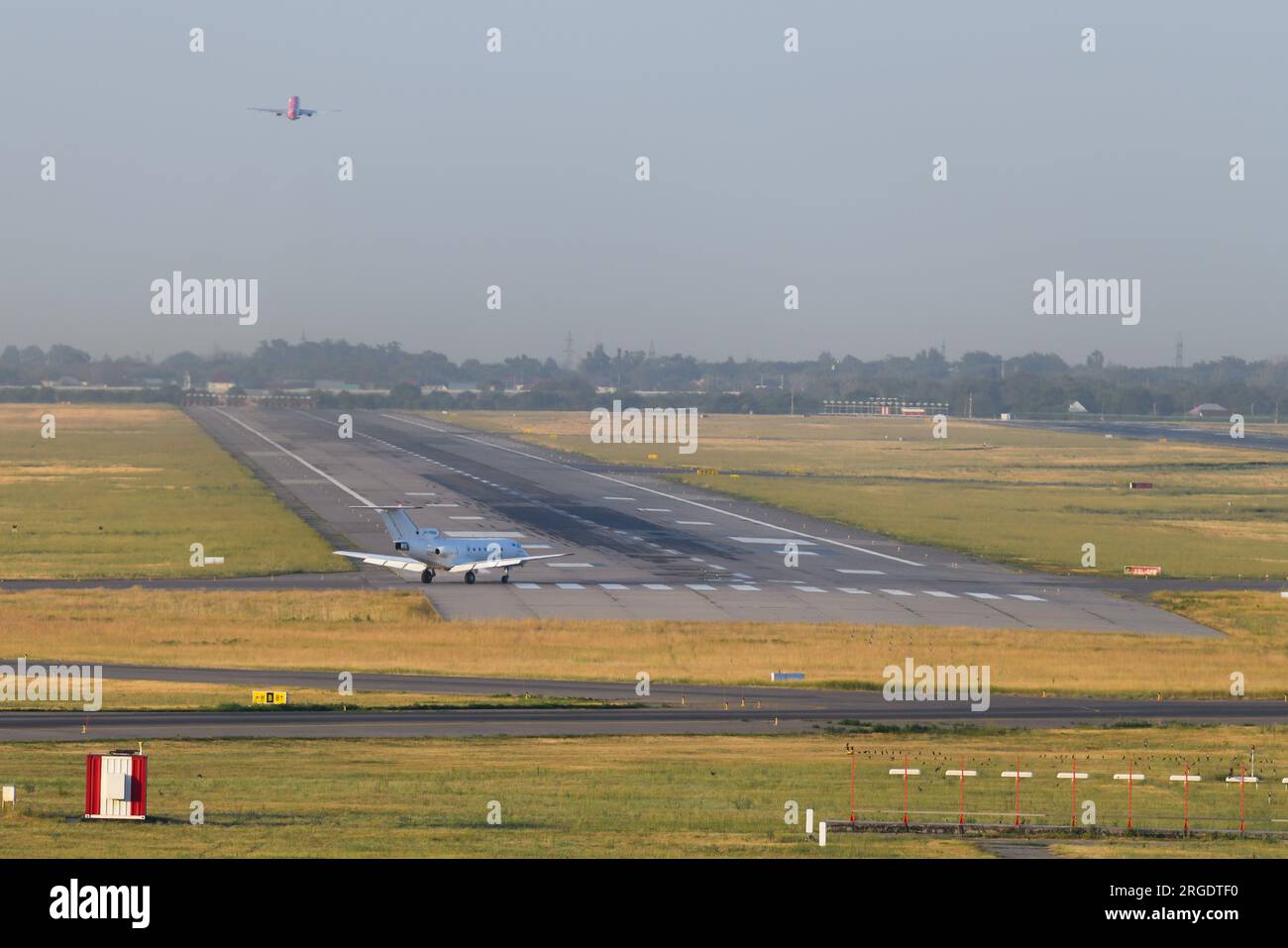 Almaty Airport runway. Long runway at ALA Airport in Kazakhstan. Stock Photo