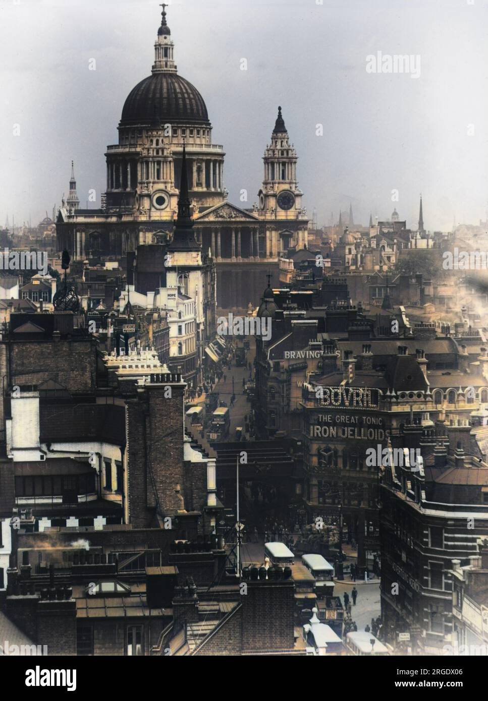 Cityscape view of Ludgate Circus (foreground) and St Pauls Cathedral (background). Stock Photo