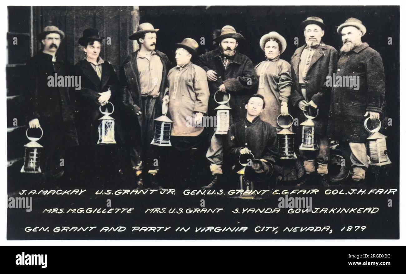 A group of people with lanterns in Virginia City, Nevada, USA.  Their names are printed below: Mackay, General Ulysees Grant, Fair, Gillette, Yanda and Kinkead. Leaving Bonanza Mine Stock Photo