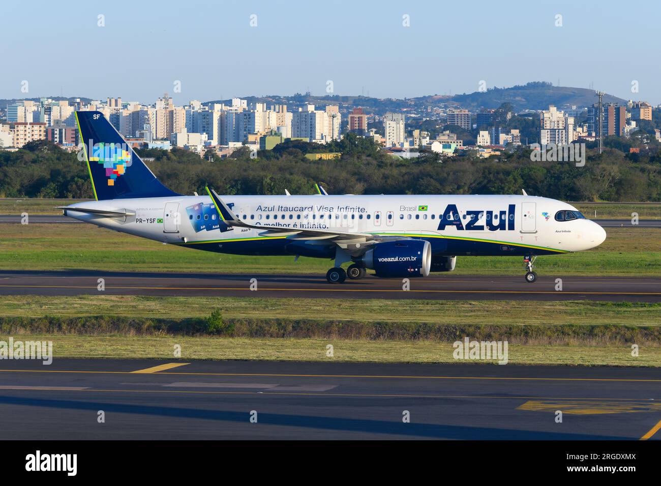 Azul Brazilian Airlines Airbus A320neo aircraft in Porto Alegre Airport, Brazil. Airplane of airline Azul Linhas Aéreas from Brazil A320. Stock Photo
