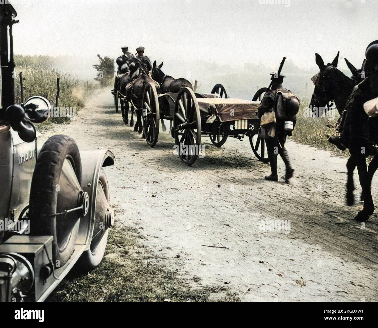 British machine gun transport on a road on the Western Front in France during World War One. Stock Photo