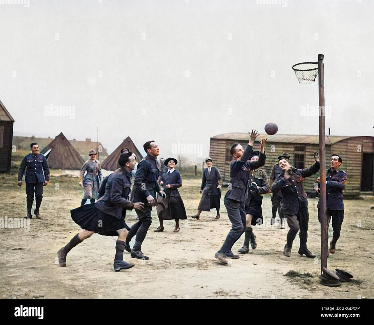 Convalescing soldiers and WAACs playing basketball near the Western Front in France during World War One. Stock Photo