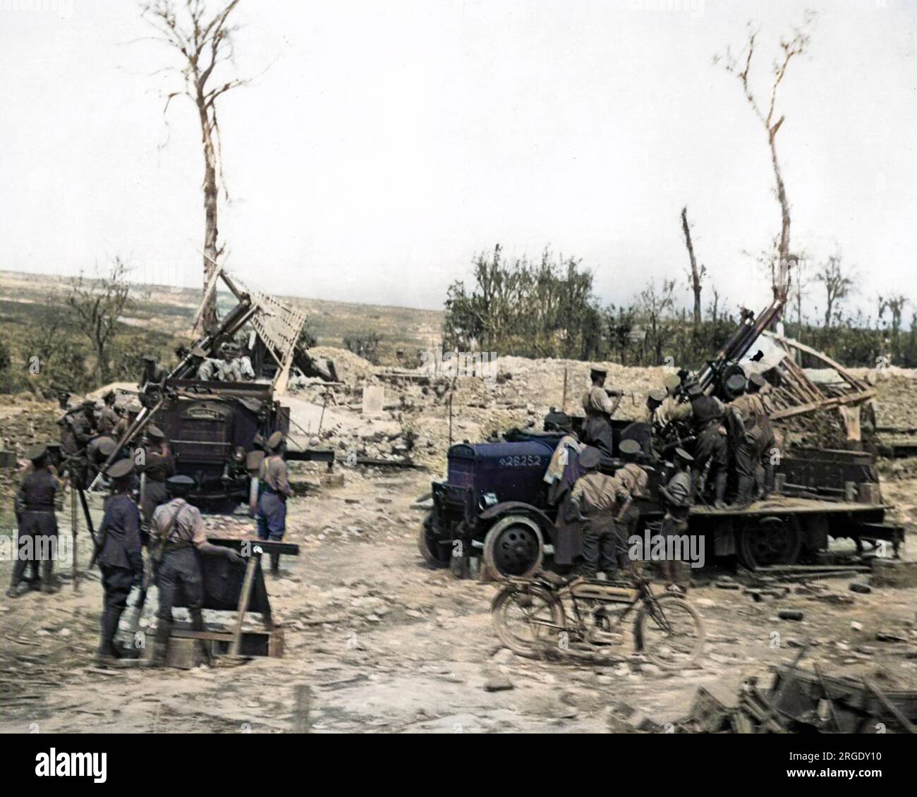 British anti-aircraft guns in action, firing at German planes on the Western Front during World War One. Stock Photo