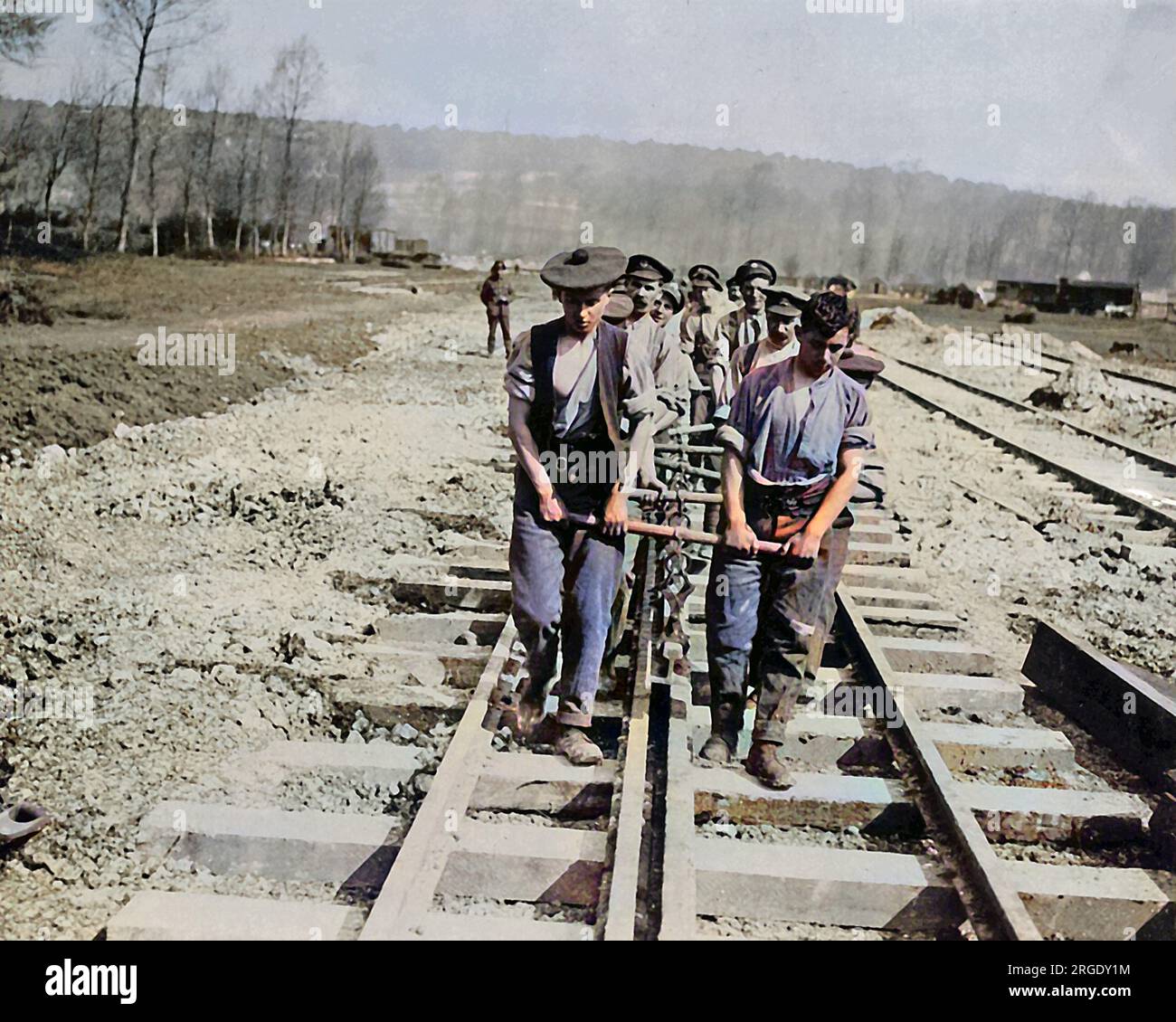 Broad gauge railway construction on the Western Front in France during World War One.  Progress was made at a rate of one mile per day. Stock Photo