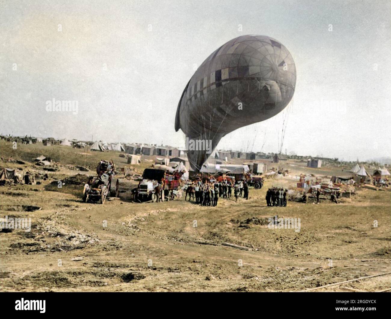 An observation balloon going up on the Western Front  in France during World War One. Stock Photo