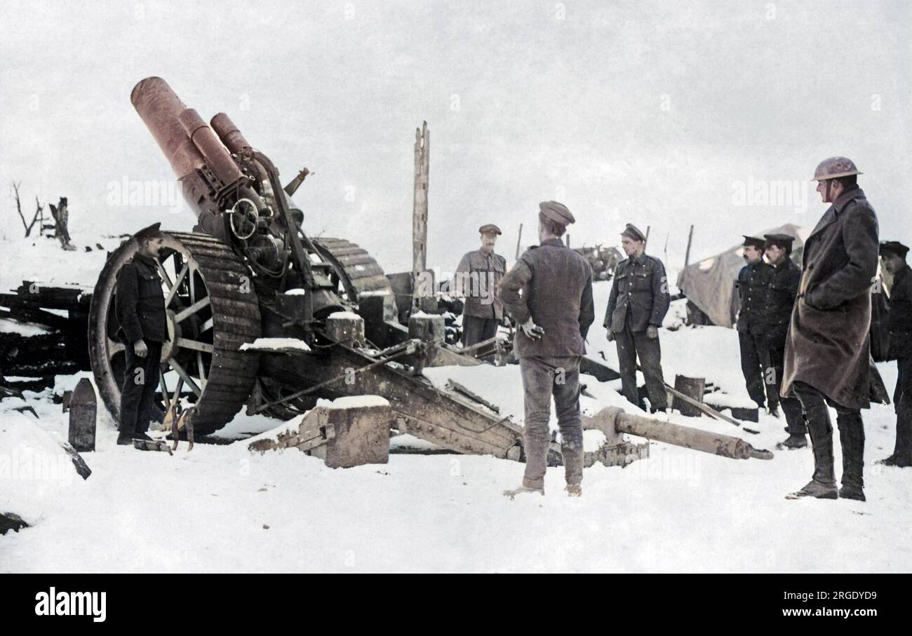 A British heavy howitzer in the snow on the Western Front during World War One. Stock Photo