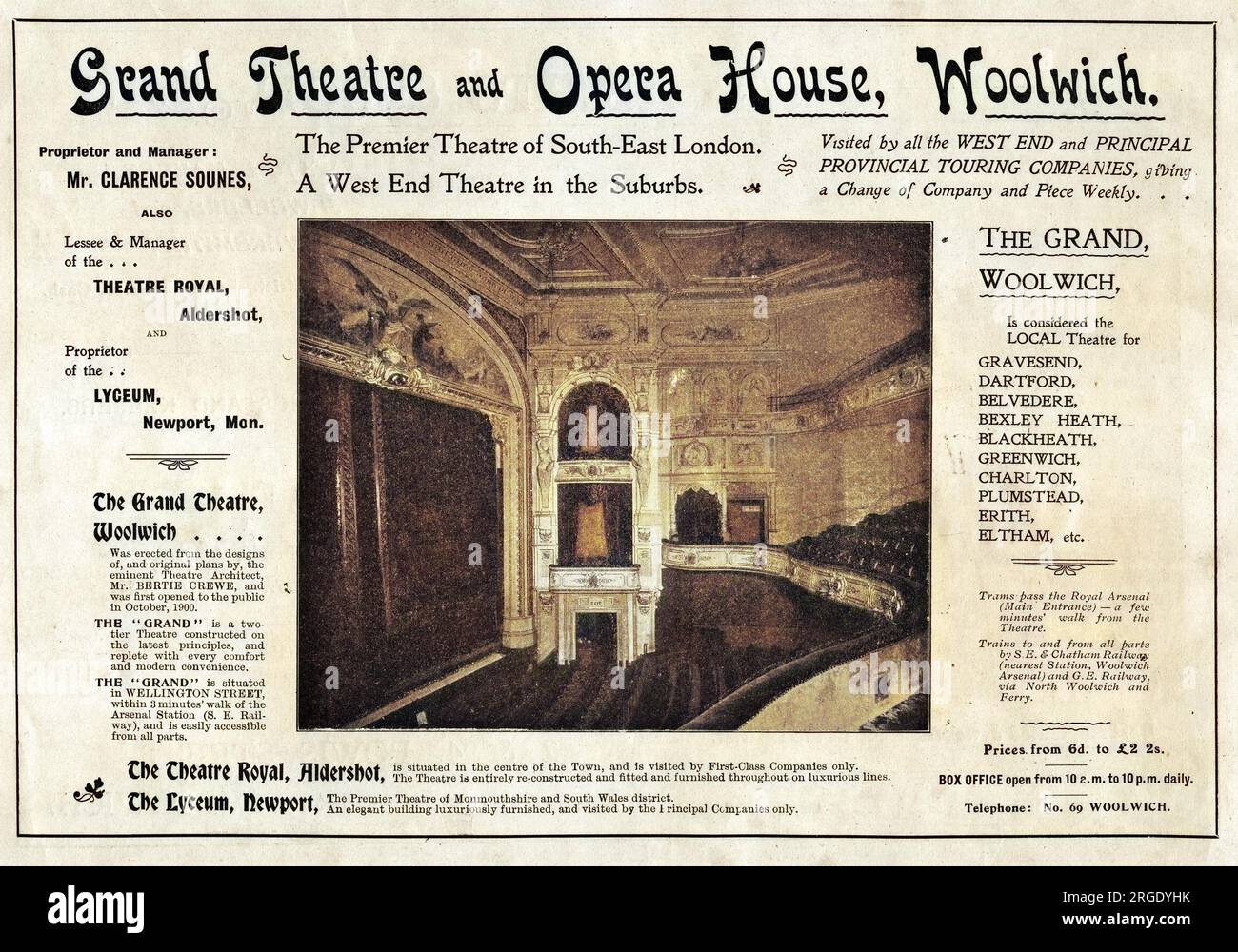 Advertisement for Grand Theatre and Opera House, Woolwich, south east London, with a photo of the interior. Stock Photo