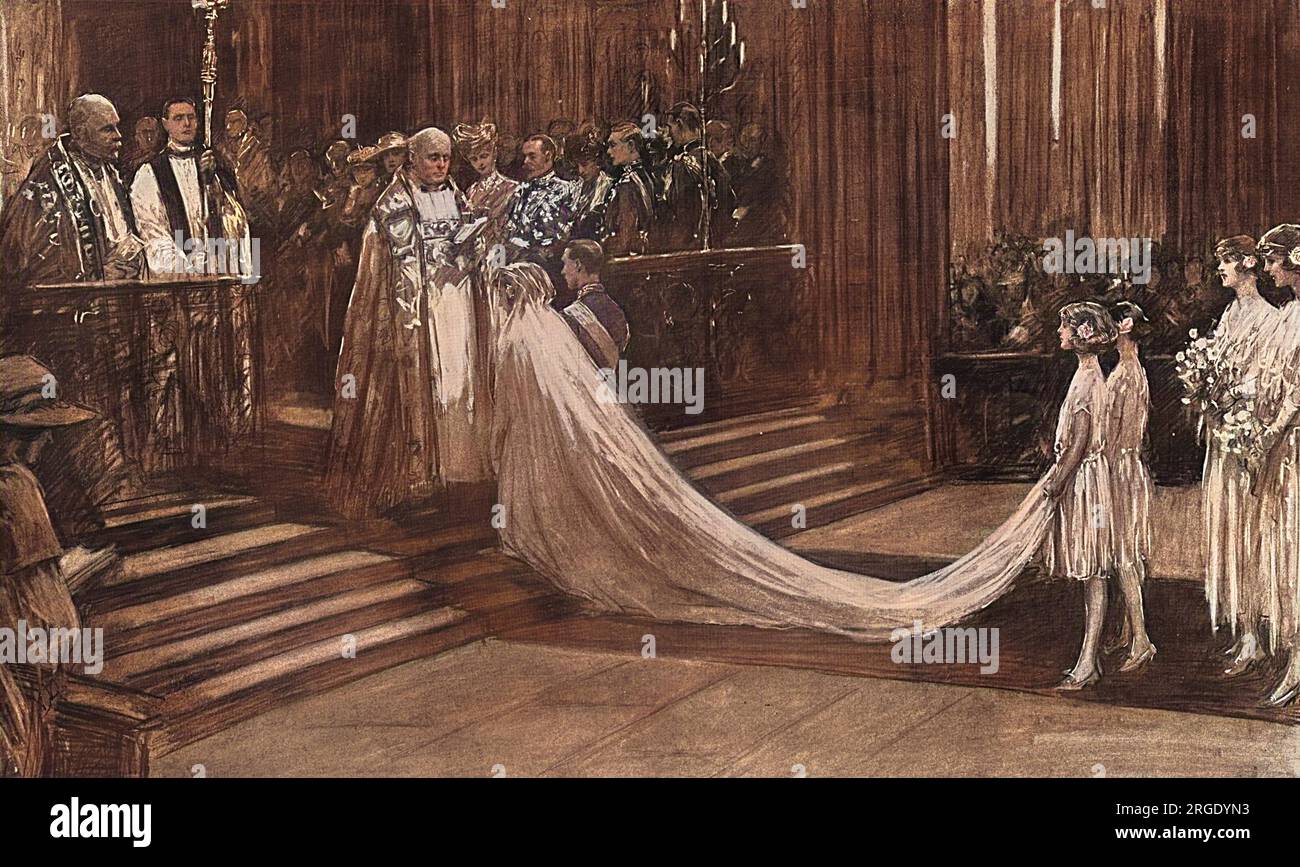 The wedding ceremony in Westminster Abbey on 26 April 1923 for the marriage of Prince Albert, Duke of York to Lady Elizabeth Bowes-Lyon (the future King George VI and Queen Elizabeth, the Queen Mother). Stock Photo