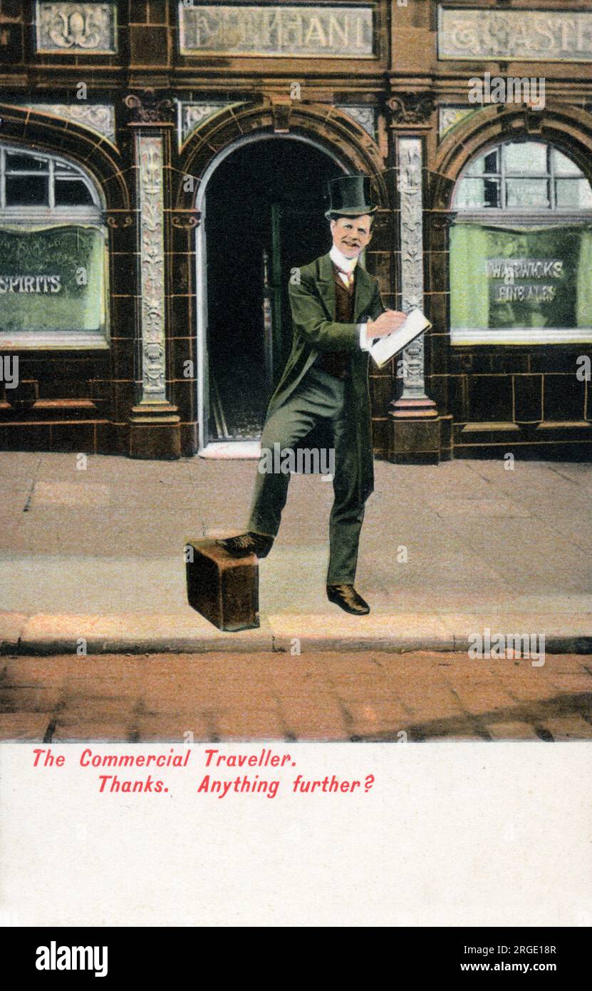 The Commercial Traveller - Thanks - Anything Further? An order has been achieved (and the pub in the background will not be running out of salty snacks in a hurry....!) Stock Photo