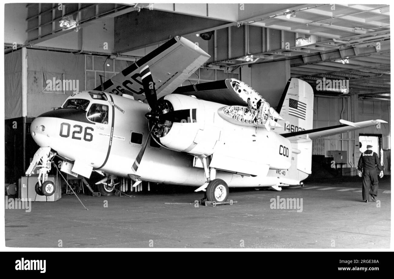 United States Navy â€“ Grumman TF-1 Trader 146026 (msn 56, Model G-96), seen stowed in the hangar on board USS Essex (CVS-9) Stock Photo