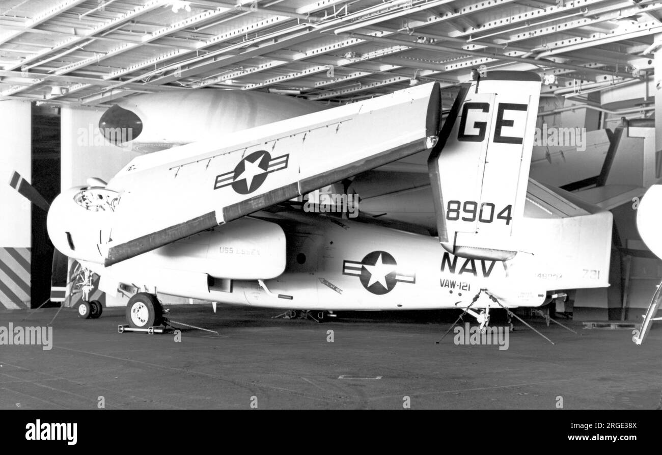 United States Navy â€“ Grumman WF-2 Tracer 148904 (msn 69, Model G-117), seen stowed in the hangar on board USS Essex (CVS-9) Stock Photo