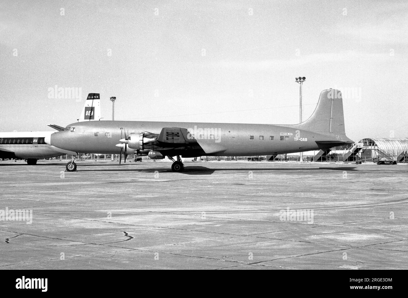 Douglas DC-6B TF-OAB (msn 45067 / 709), of Fragtflug, at Luqa International Airport on 26 January 1970, during its time airlifting aid to Biafra. Stock Photo