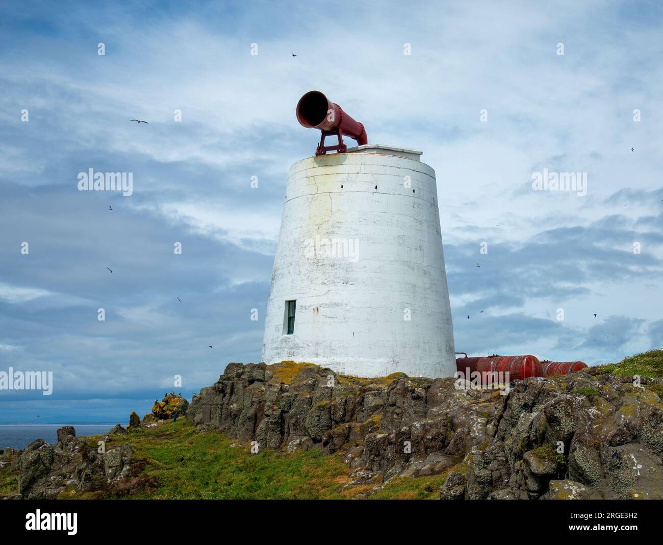 Historic coastal warning system fog horn on the isle of May Stock