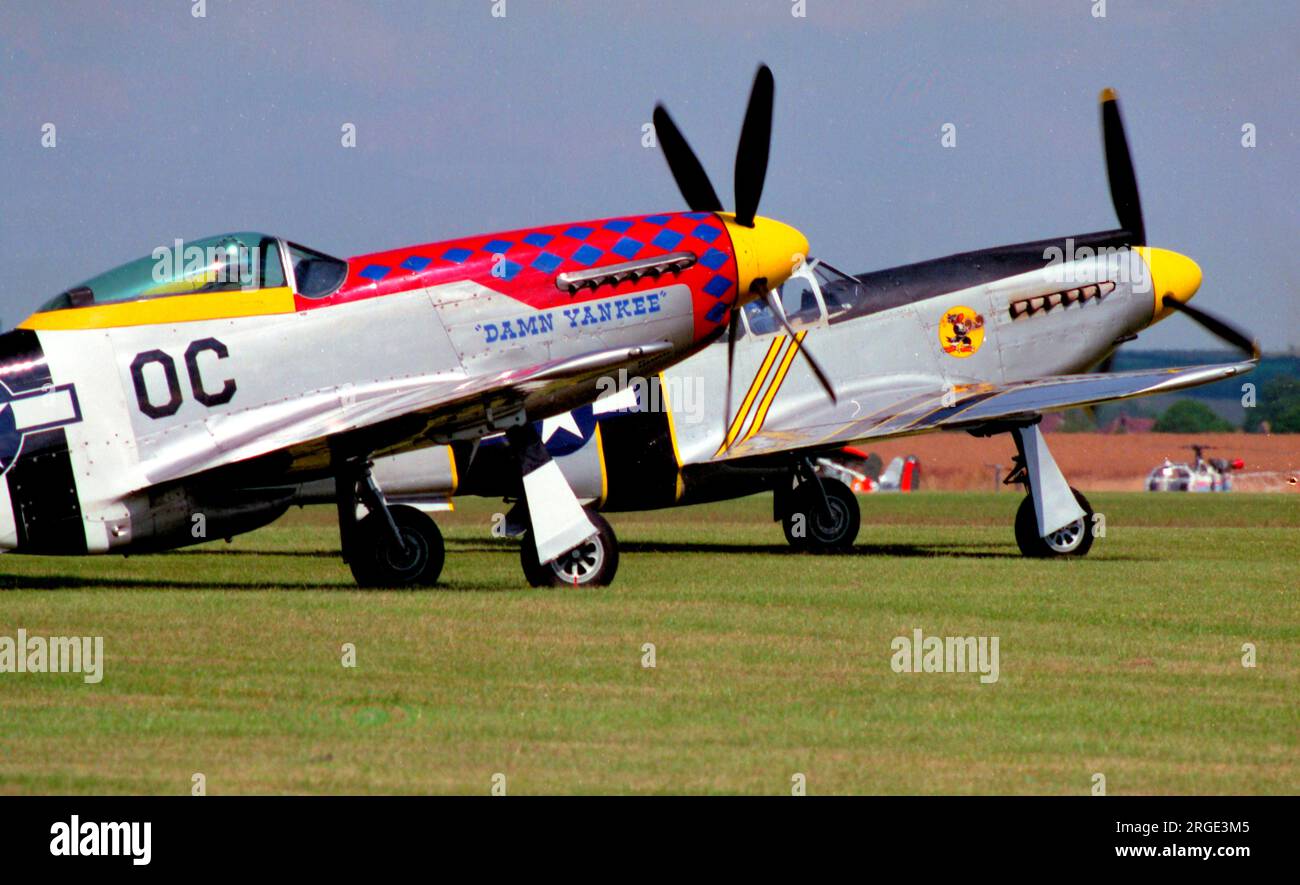 North American P-51D Mustang N11T 'Damn Yankee' (msn 122-40965), with North American A-36A Apache N251A, at Duxford. Stock Photo