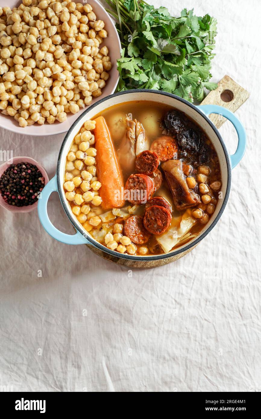 Cocido Madrileño, a traditional Spanish meal, chickpeabased stew from
