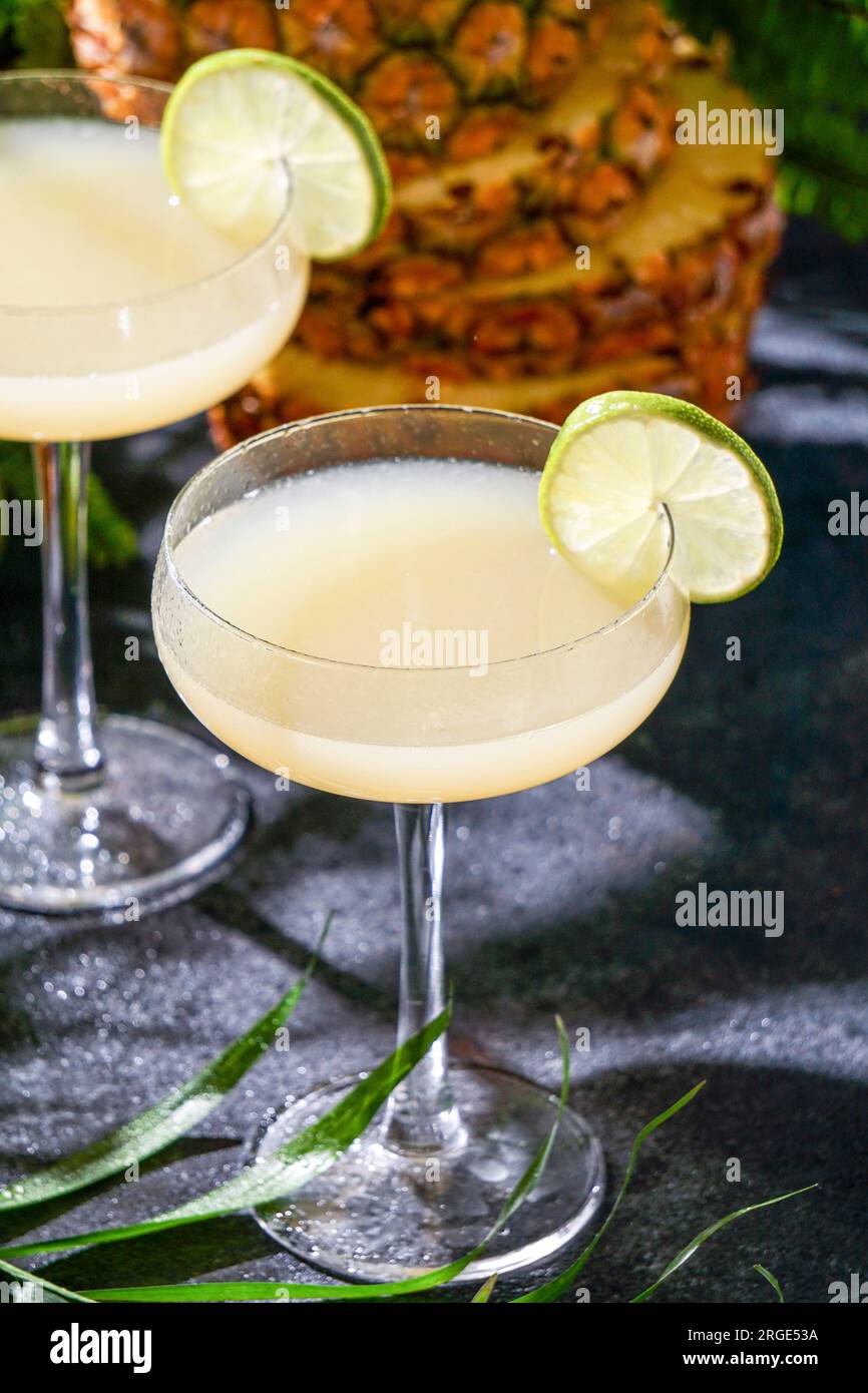 Summer cocktail pineapple daiquiri with vodka, pineapple juice, frozen