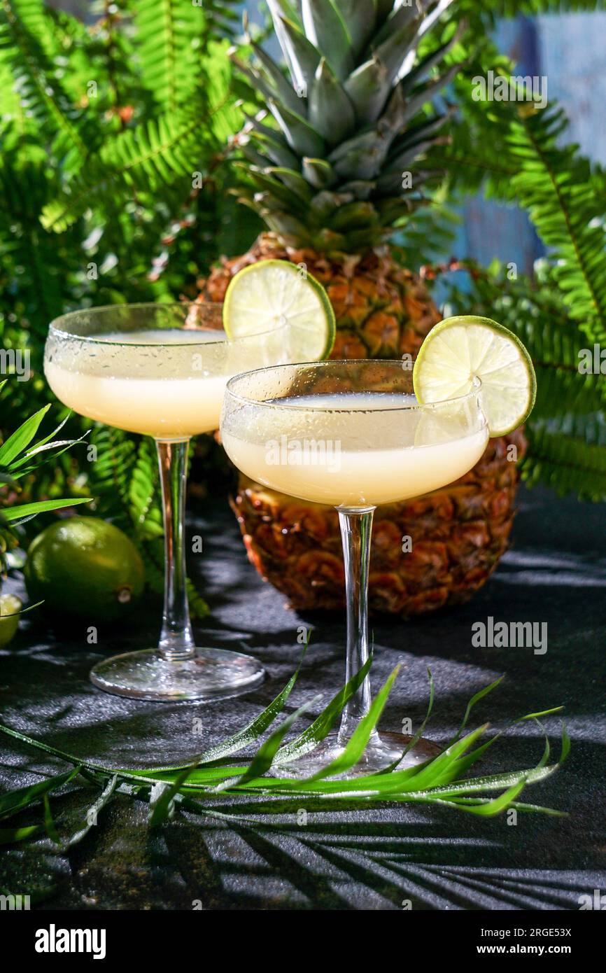 Summer cocktail pineapple daiquiri with vodka, pineapple juice, frozen