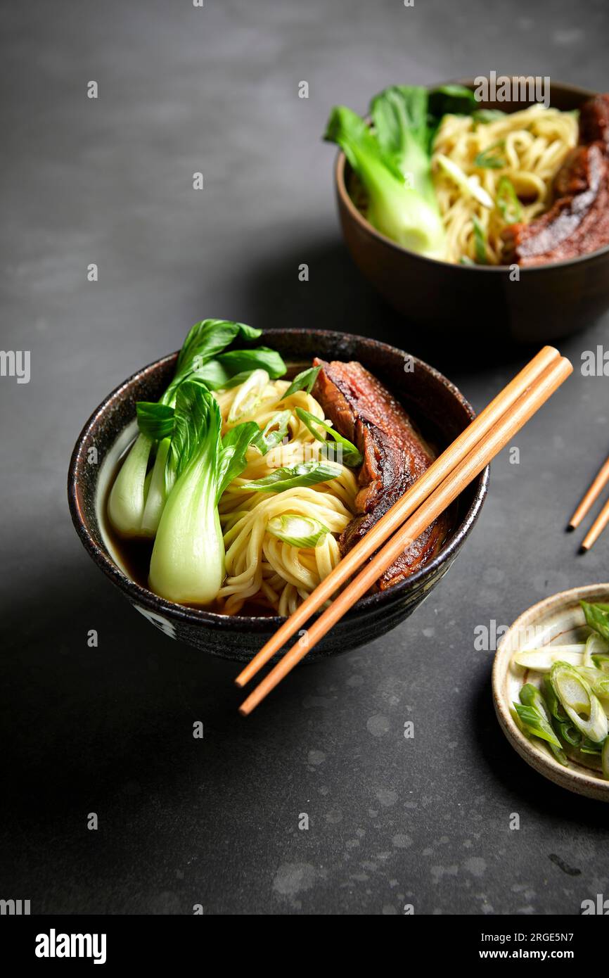 Ramen, Pork Belly and Bok Choy with a Black Background Stock Photo Alamy