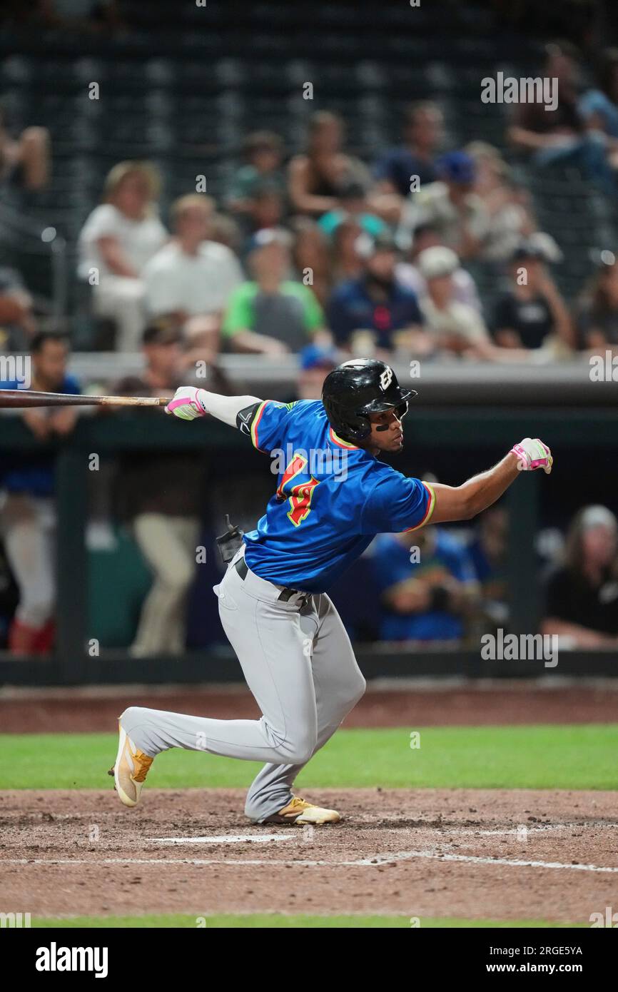 August 5 2023: El Paso left fielder Oscar Mercado (40) gets a hit during  the game with El Paso Chihuahuas and Salt Lake Bees held at Smiths Field in Salt  Lake Ut.