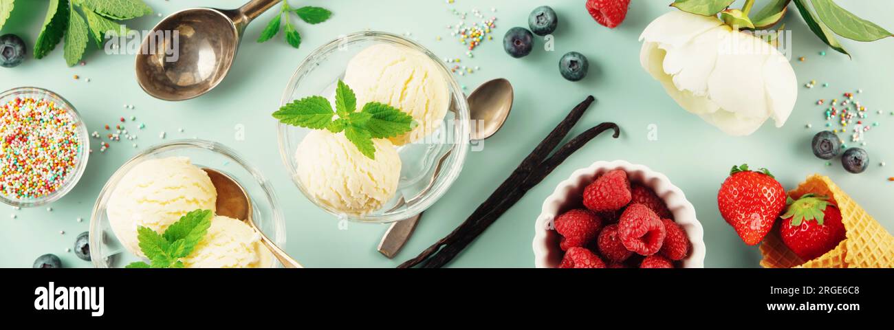 Scoops of Vanilla, mint leaves in glass bowl, sprinkles, berries and flowers over pastel light blue background, top view, banner, copy space. Summer m Stock Photo