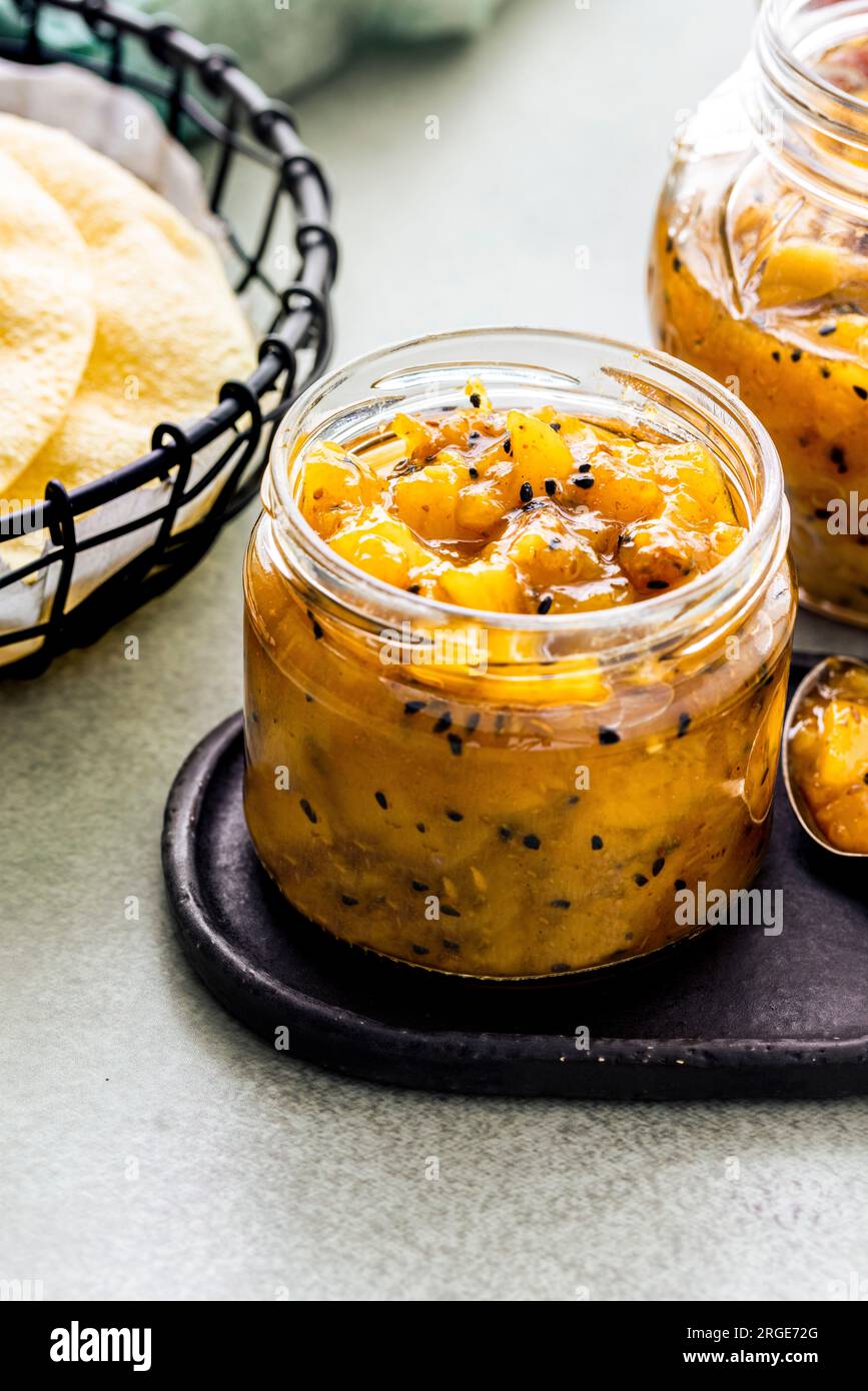 Indian mango chutney in a jar Stock Photo