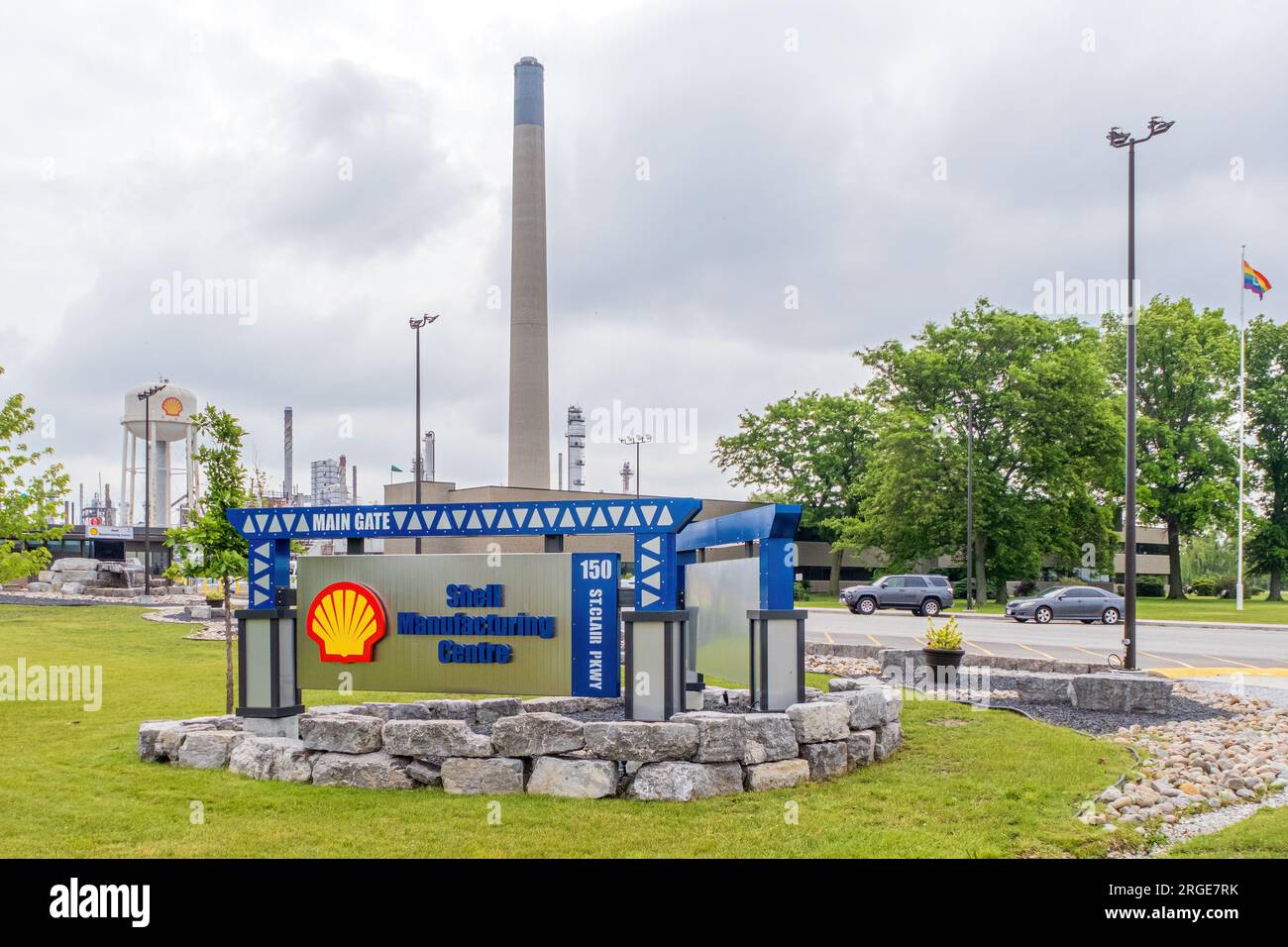 Sign at the main gate of the Shell Manufacturing Centre in Sarnia Ontario. Stock Photo