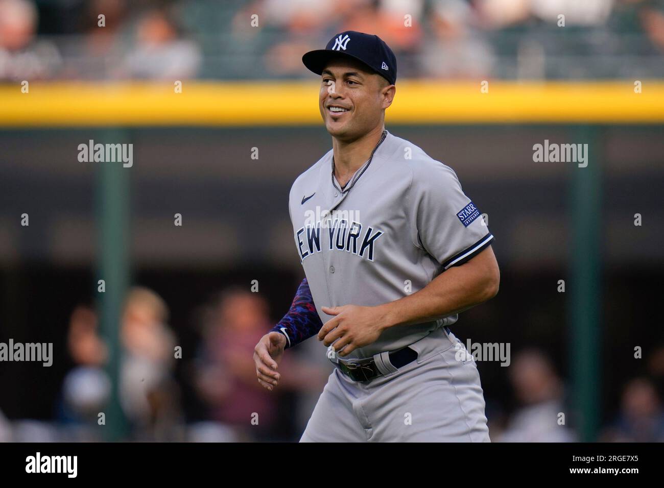New York Yankees' Giancarlo Stanton warms up for the team's