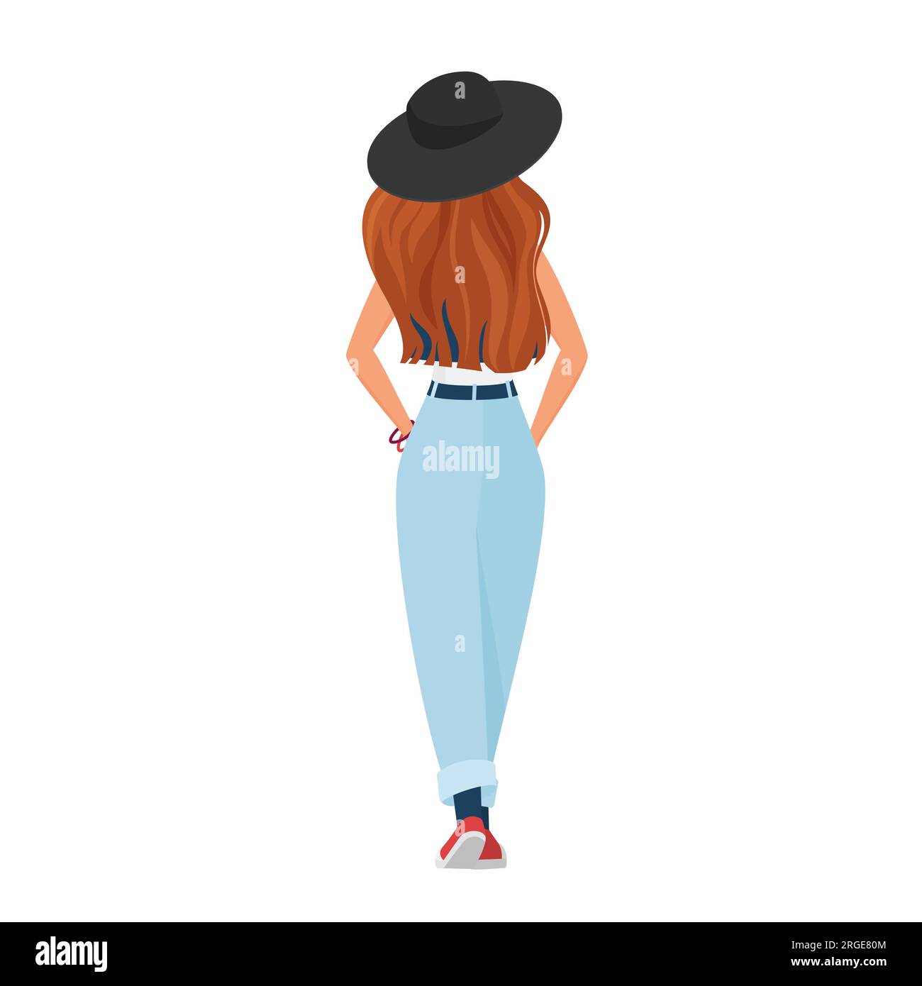 Back view of standing hipster girl. Pretty young woman with hat vector cartoon illustration Stock Vector