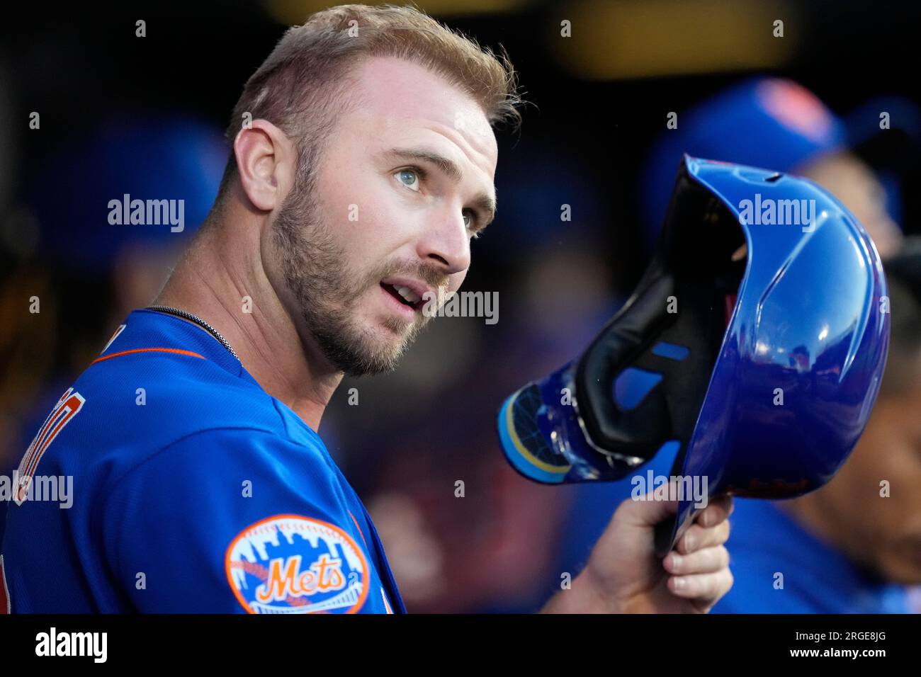 New York Mets' Pete Alonso celebrates in the dugout after hitting a two-run  home run off Chicago Cubs starting pitcher Jameson Taillon (50) in the  first inning of a baseball game, Tuesday