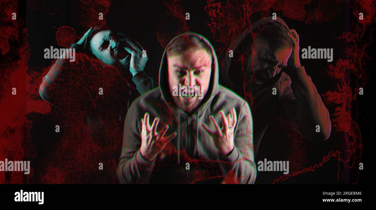 Man suffering from hallucinations on black background with red stains, banner design. Glitch effect Stock Photo