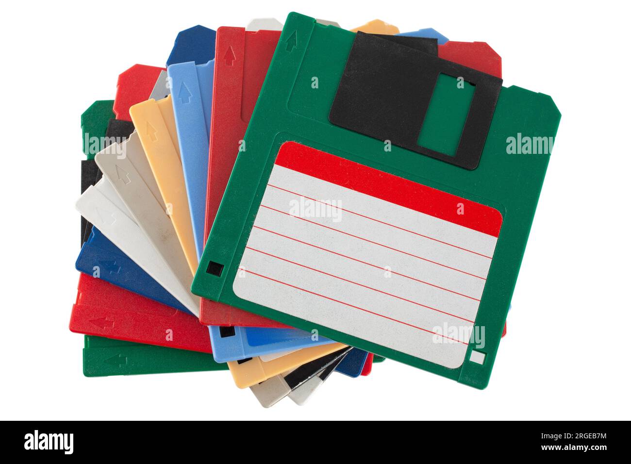 Colored old retro floppy diskettes in stack. Isolated on white background. Stock Photo