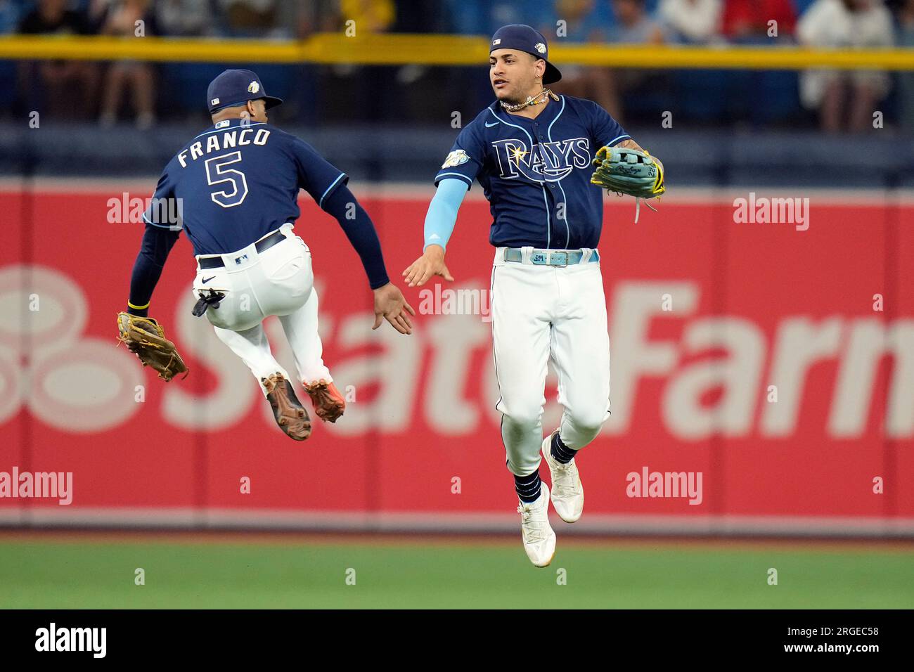 Tampa Bay Rays shortstop Wander Franco (5) and center fielder Jose