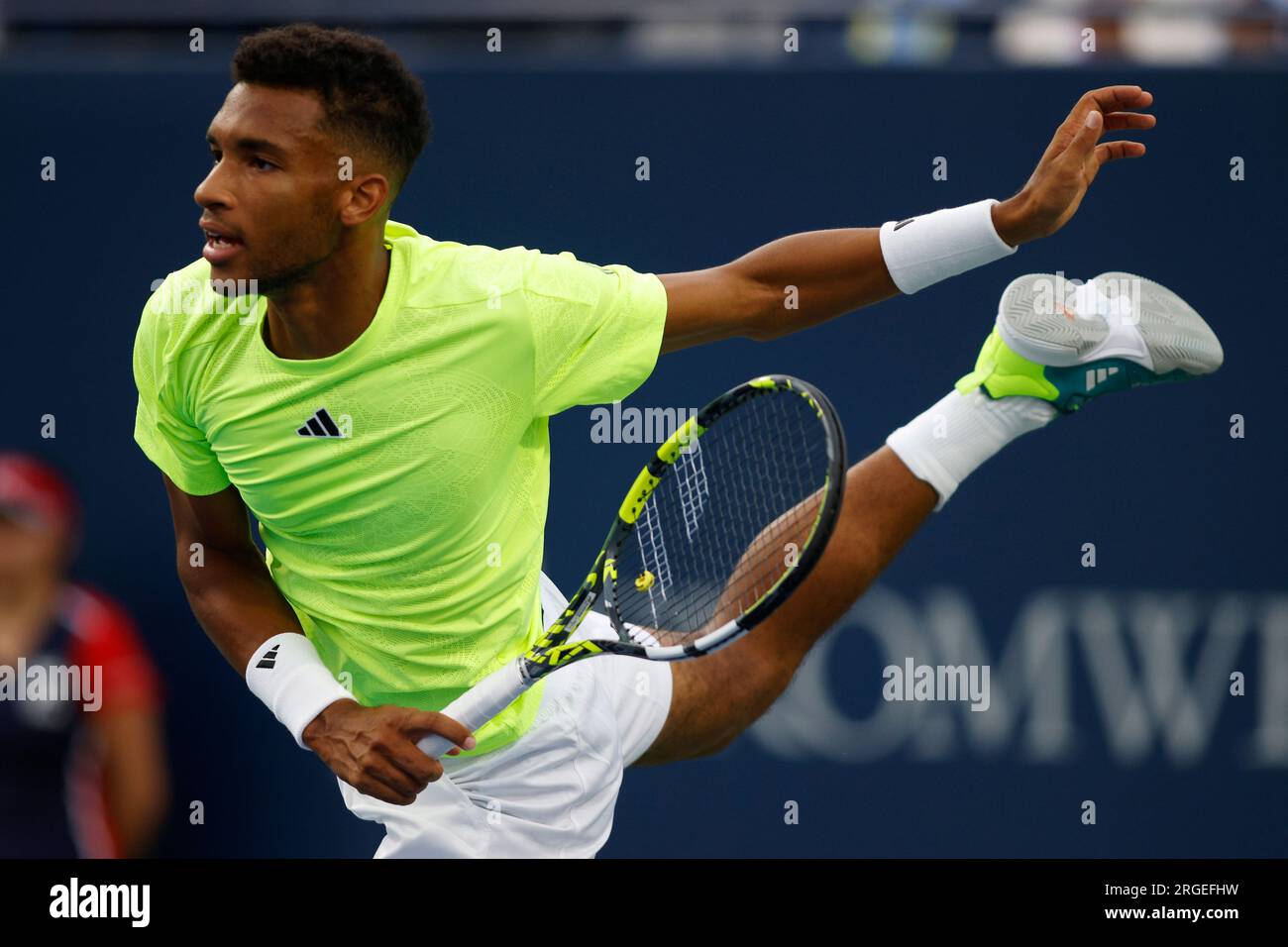 Toronto, Canada. 08th Aug, 2023. Felix Auger-Aliassime of Canada serves a ball to Max Purcell of Australia during National Bank Open tennis in Toronto, Tuesday, Aug